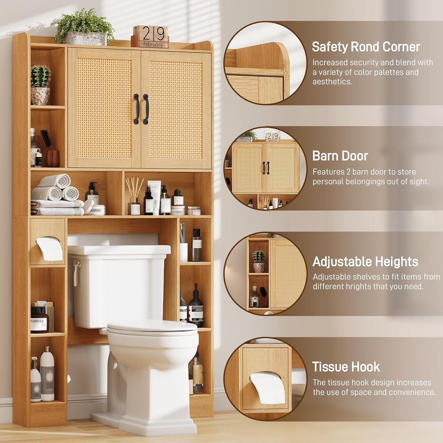 Farmhouse Style Rattan Over-The-Toilet Storage Cabinet with 2 Rattan Doors, Toilet Paper Holder - Space-Saving Oak Bathroom Organizer