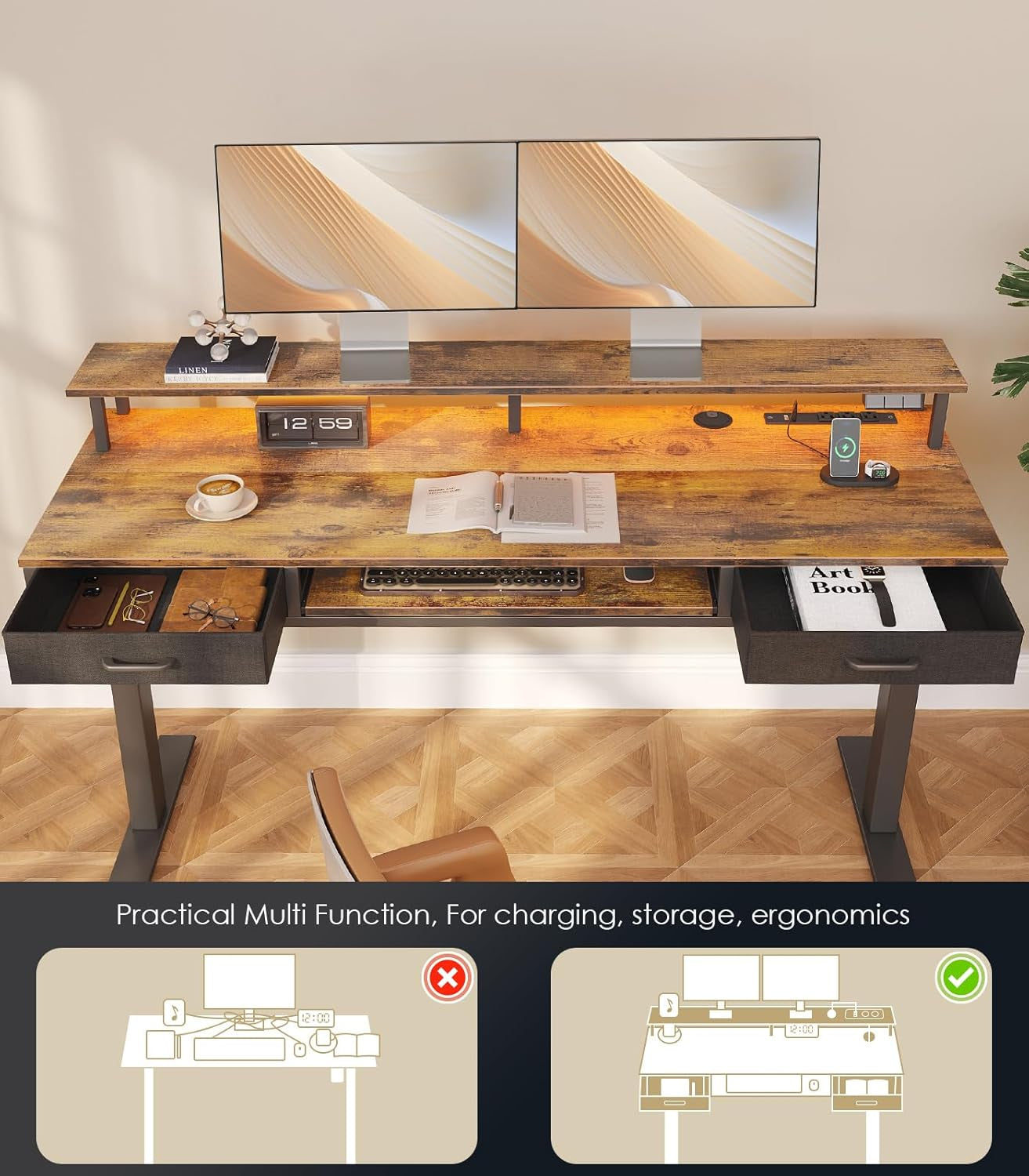 Electric Standing Desk with Drawers & Keyboard Tray, 63 Inch Height Adjustable Desk with Power Outlets & LED Lights, Sit Stand Table with Monitor Stand for Home, Office, Rustic Brown