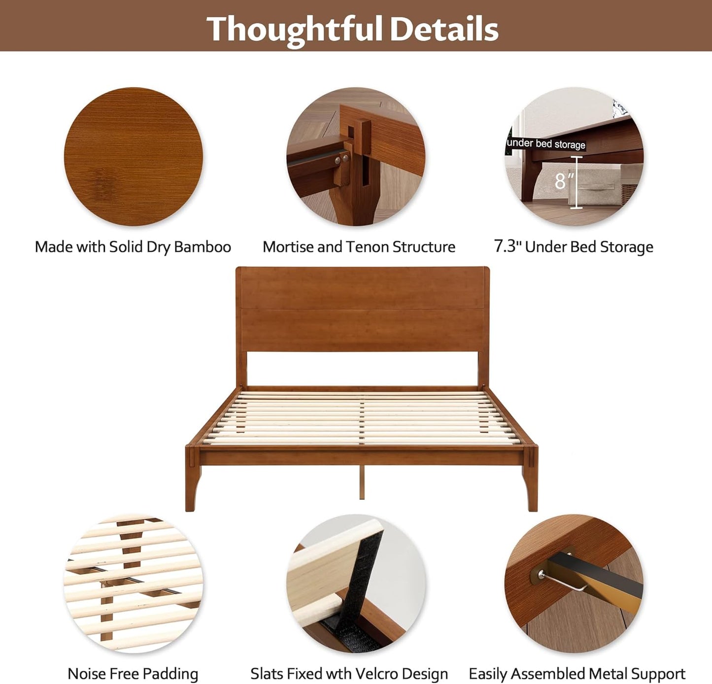 Queen Size Bamboo Platform Bed, Mid-Century Modern Bed Frame with Tall Headboard, Solid Sustainable Bedframe Queen-Size, Wood Slat Support, No Box Spring Needed, Easy Assembly, Noise Free, Brown