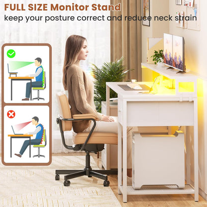 Computer Desk with 3 Drawers, Home Office Desk with File Drawer & Power Outlet, 59'' Gaming Desk with Led Lights, Long Work Desk with Storage Shelves, Printer Cabinet and Monitor Shelf, White