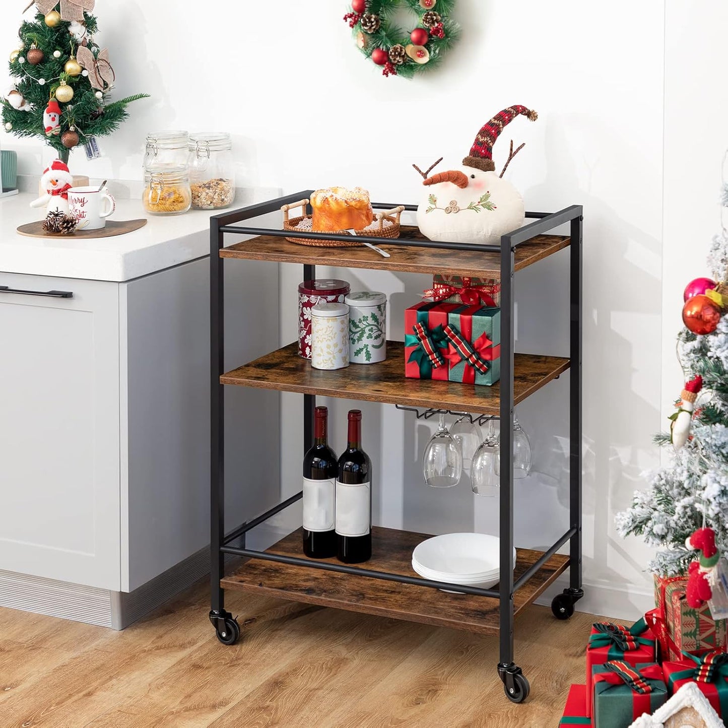 Bar Cart for the Home, Serving Cart with Wine Glass Hooks, Rolling Kitchen Cart with Lockable Wheels, 25.2 X 15.7 X 33.3 Inches Beverage Cart with Storage Shelves, Rustic Brown BF02TC01