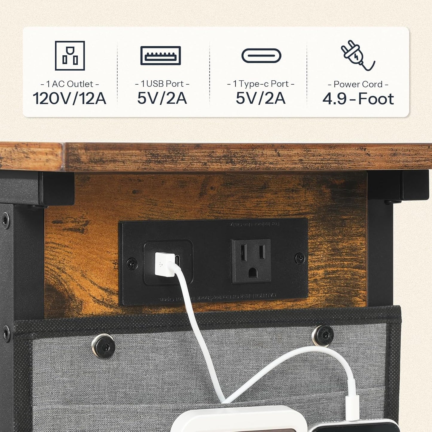 C Shaped Side Table with Charging Station, Slide under Couch Table, 27.8" Tall Side Table for Sofa Arm with Fabric Storage Pocket, for Living Room, Bedroom, Rustic Brown BF73USF01