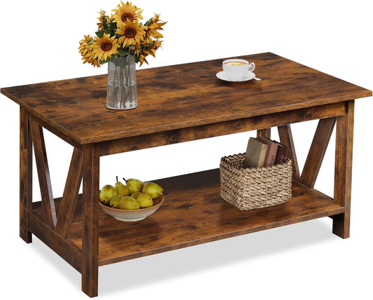Coffee Table with Storage Shelf, 39.4" Farmhouse Coffee Table with V-Frame Support, 2-Tier Wood Rustic Center Table for Living Room, Bedroom & Balcony, Rustic Brown