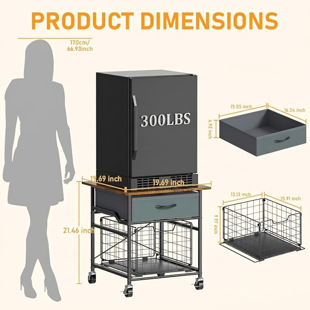 Mini Fridge Stand, Heavy-Duty End Table Fridge Table with Storage, Small Refrigerator Stand with Rolling Wheels for Dorm, Kitchen,Pantry