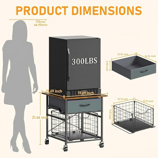 Mini Fridge Stand, Heavy-Duty End Table Fridge Table with Storage, Small Refrigerator Stand with Rolling Wheels for Dorm, Kitchen,Pantry