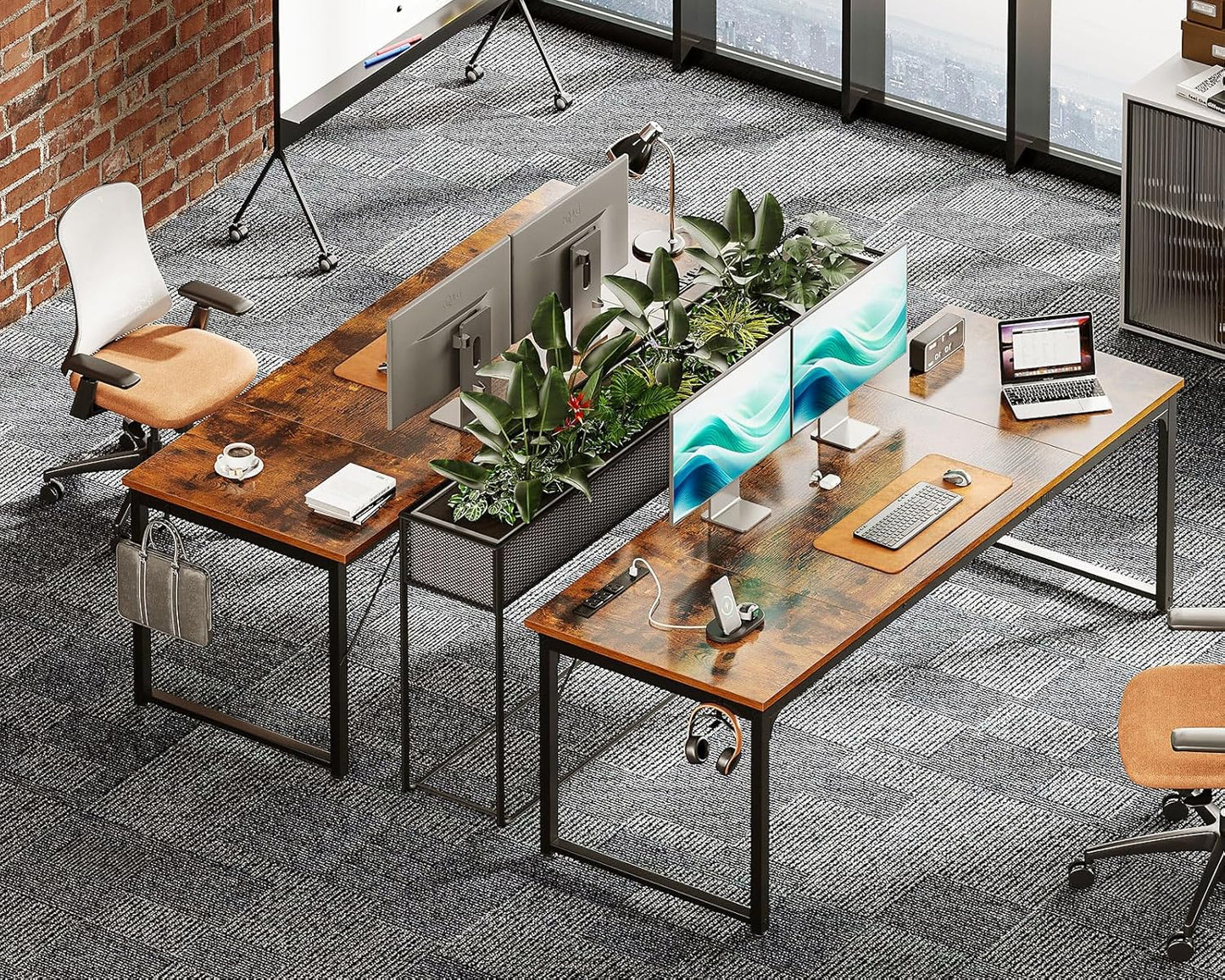 71 Inch Computer Desk with USB Ports, Large Office Desk, Long Study Student Writing Desk, Rustic Brown