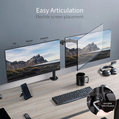 Dual Monitor Desk Mount, Holds 2 Computer Screens up to 30 Inches and 22Lbs Each, Heavy Duty Fully Adjustable Steel Stand with C-Clamp and Grommet, Black, STAND-V002
