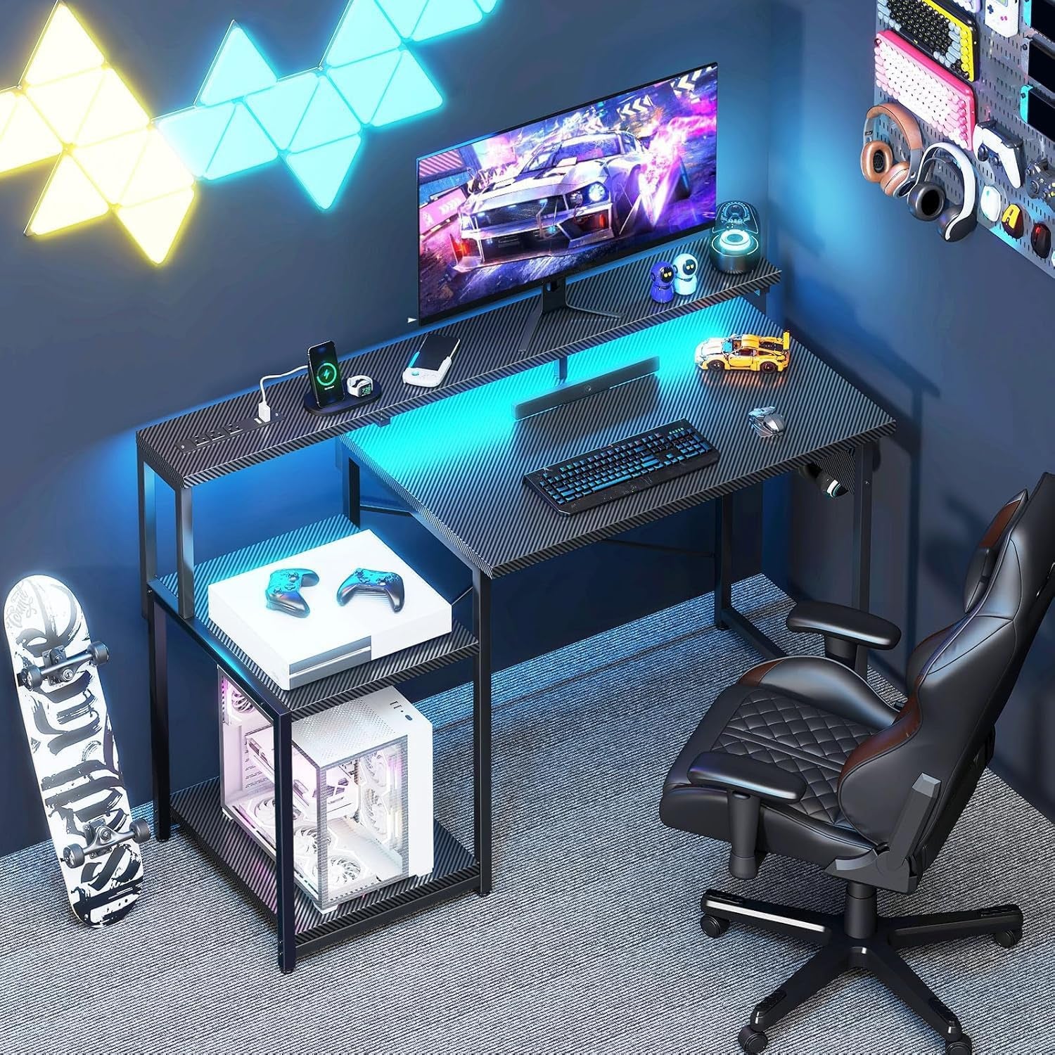 Computer Desk, 48 Inch Gaming Desk with Led Lights & Power Outlet, Office Desk with Storage Shelves, Reversible Desk with Monitor Shelf & Headphone Hook, Carbon Fiber Black