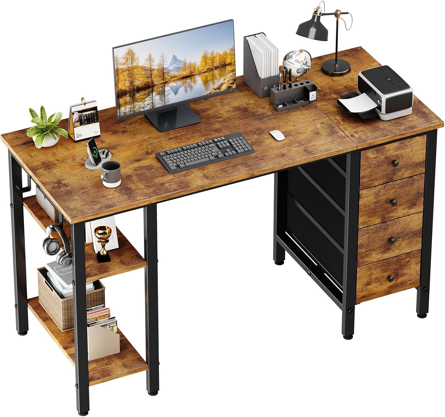 47 Inch Desk with 4 Drawers & Storage Shelves, Writing Work Study Computer Desk for Home Office Bedroom, Modern Simple Student PC Desks Table, Rustic Brown