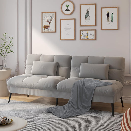 Convertible Futon Sofa Bed, 72″Fabric Futons Couch with Adjustable Backrest, Folding Sleeper Recliner for Living Room Furniture (Grey)