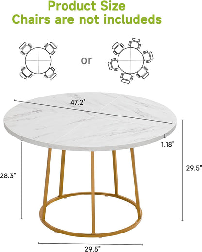 Round Dining Table, 47.24 Inch Kitchen Table for 4-6 People, Wooden Faux Marble Dinner Room Table with Gold Base, Circle Modern Small Table for Home Dining Room Kitchen Restaurant (White)