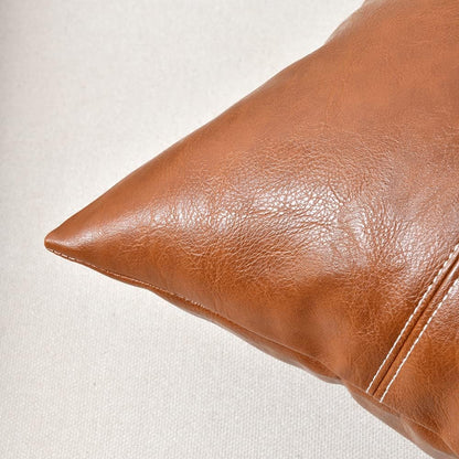 2 Packs Brown Boho Lumbar Faux Leather Decorative Throw Pillow Covers 12X20 Inch for Living Room Couch Bed Sofa, Hand Stitched Rectangle Cushion Case, Rustic Modern Farmhouse Home Decor
