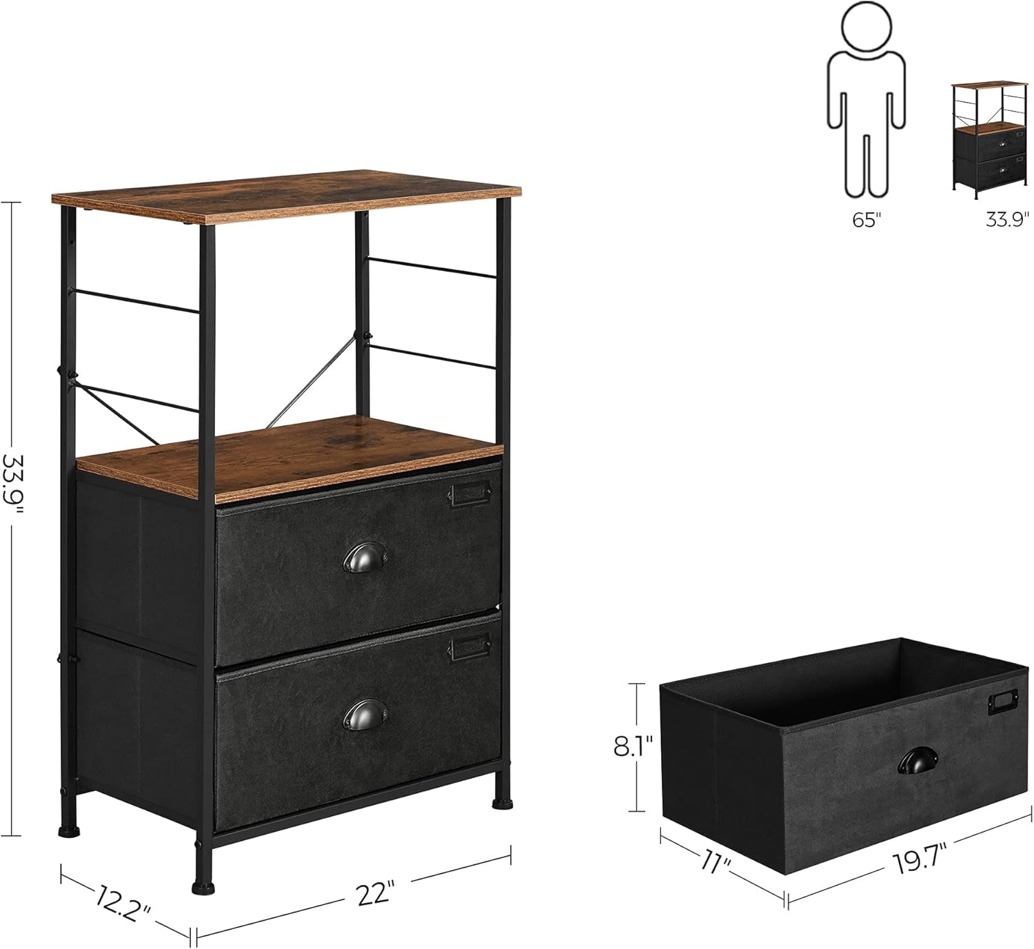 Nightstand, Industrial Bedside Table with 2 Fabric Drawers, Storage Shelves, Vertical Dresser Storage Tower with Wooden Top, Metal Frame, Labels, Rustic Brown and Black ULVT03H