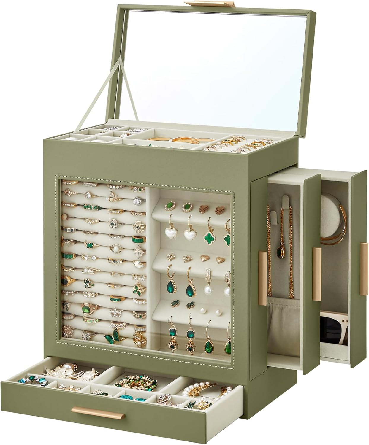 Jewelry Box with Glass Window, 5-Layer Jewelry Organizer with 3 Side Drawers, Jewelry Storage, with Big Mirror, Modern, 6.1 X 10.3 X 12.6 Inches, Cloud White and Metallic Gold UJBC162W01