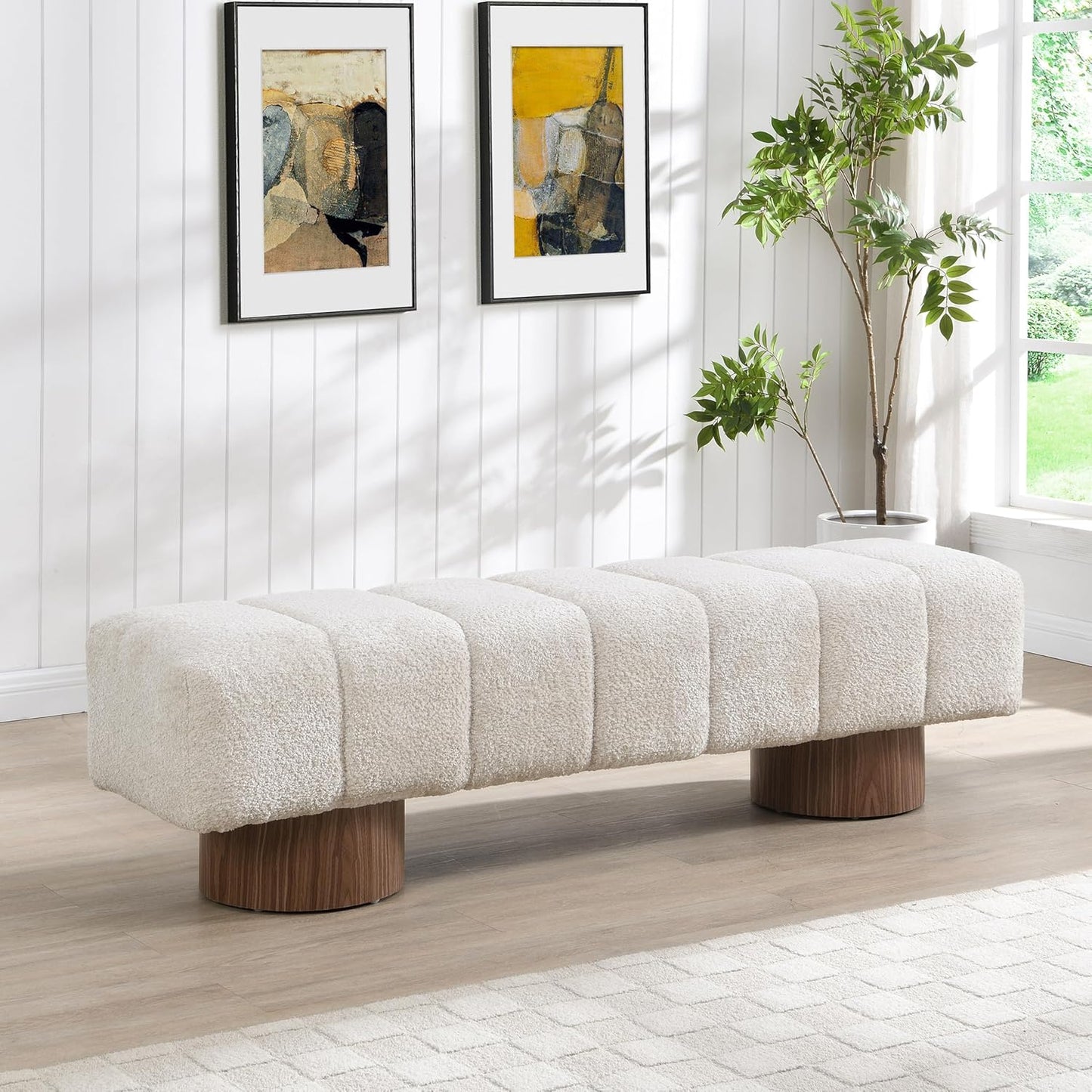 Manila 64" Boucle Dining Bench, Upholstered Ottoman Bench, Rectangular Dining Seat, Spacious Seating, Long Footstool for Living Room Dining Room, No Assembly Needed, Beige