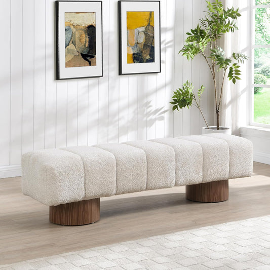 Manila 64" Boucle Dining Bench, Upholstered Ottoman Bench, Rectangular Dining Seat, Spacious Seating, Long Footstool for Living Room Dining Room, No Assembly Needed, Beige