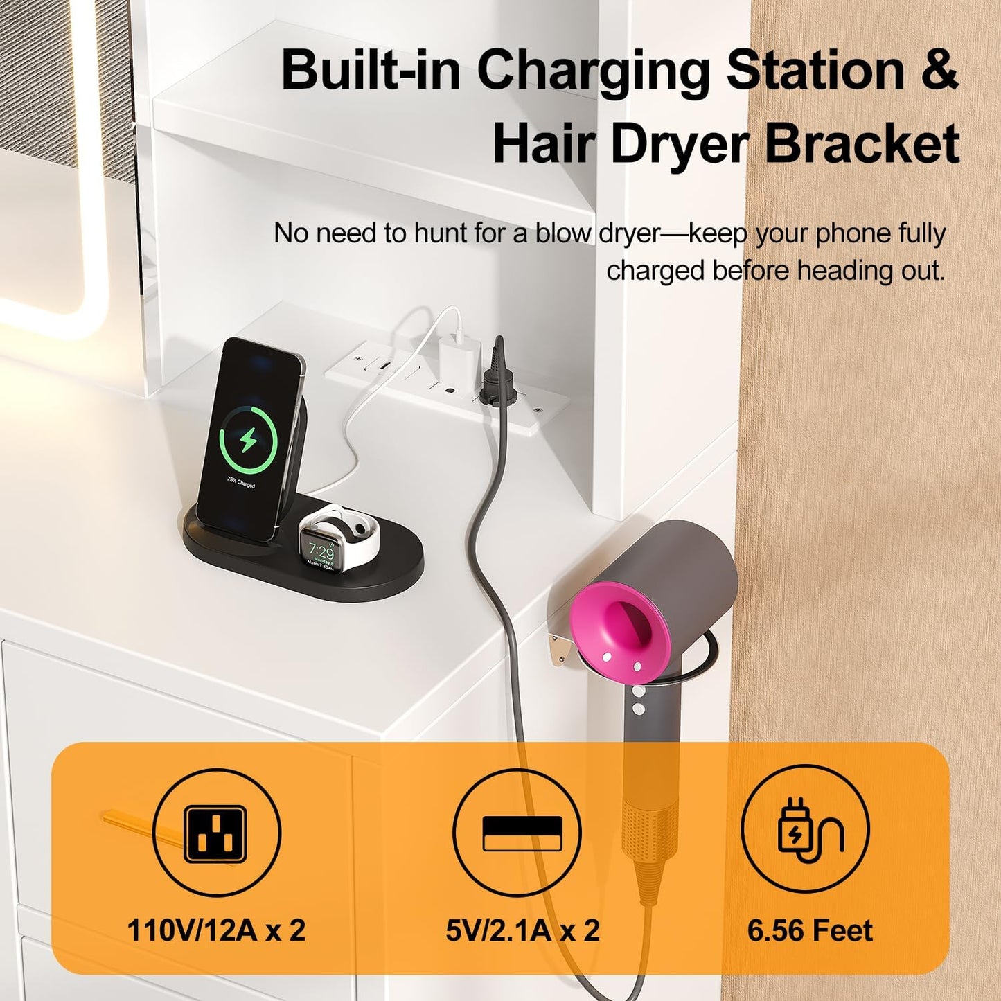 Vanity Desk with Sliding Mirror & LED Lights, Smart Makeup Table with Charging Station, Hairdryer Holder, 7 Shelves, 3 Drawers, 2 Cabinets, Vanity with Extra Hidden Stroage for Bedroom,White