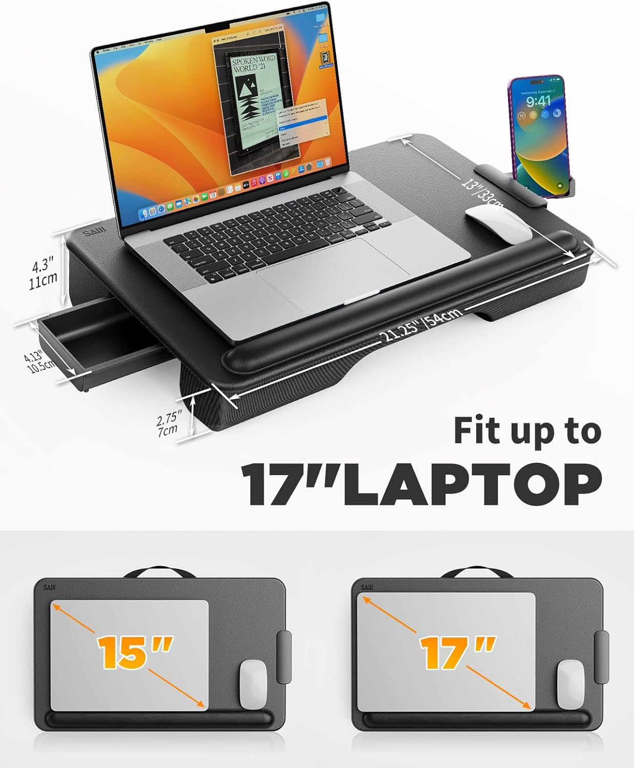 Laptop Lap Desk, Portable Laptop Desk for Bed - Fits up to 17" Laptops & Macbook,Lightweight Lap Tray Table with Storage Drawer, Lap Desk with Cushion, Lap Stand for Bed & Couch