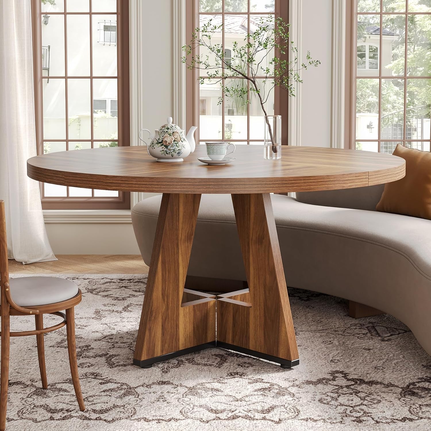 round Dining Table for 4-6 People, 47 Inches Dining Room Table with Wooden Pedestal Base, Brown Dinner Tables, Circle Kitchen Tables for Dining Room, Kitchen, Living Room(Table Only)