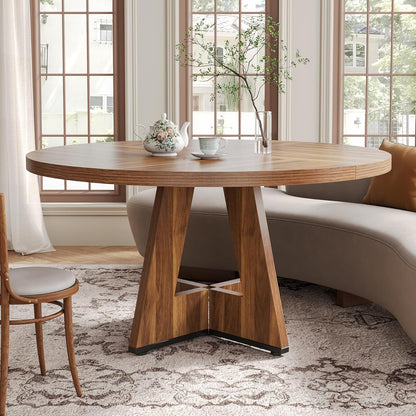 round Dining Table for 4-6 People, 47 Inches Dining Room Table with Wooden Pedestal Base, Brown Dinner Tables, Circle Kitchen Tables for Dining Room, Kitchen, Living Room(Table Only)