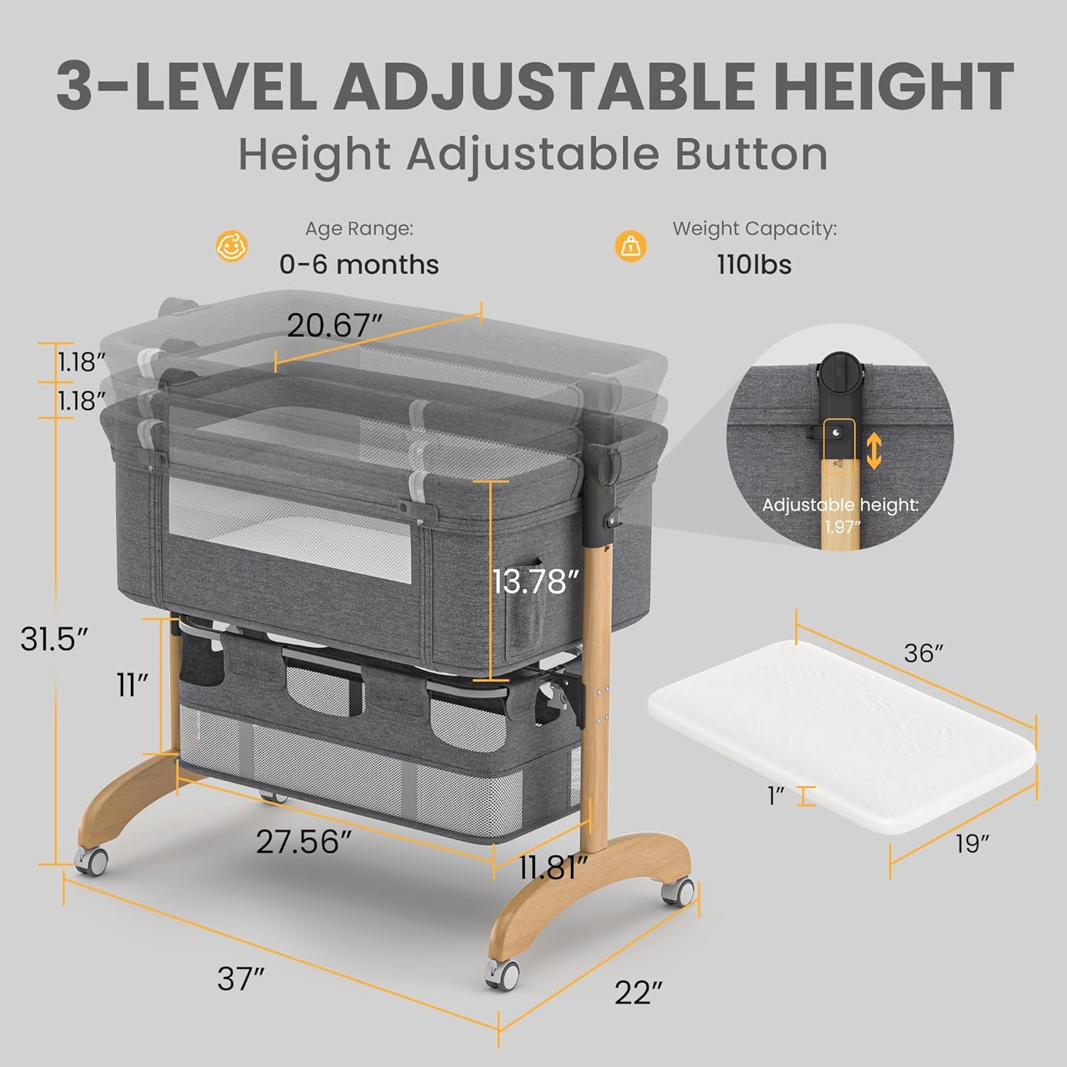 Baby Bassinet, Bedside Bassinet for Baby, 3 in 1 Adjustable Height Bedside Sleeper with Wheels, Breathable Mesh, Easy Folding Portable Crib, Rocking Mode & Storage Basket for Newborn Infants