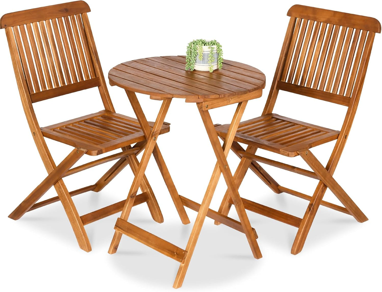 3-Piece Acacia Wood Bistro Set, Folding Patio Furniture for Backyard, Balcony, Deck W/ 2 Chairs, round Coffee Table, Teak Finish - Natural