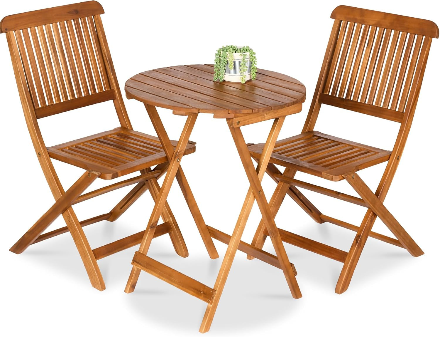 3-Piece Acacia Wood Bistro Set, Folding Patio Furniture for Backyard, Balcony, Deck W/ 2 Chairs, round Coffee Table, Teak Finish - Natural