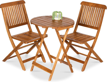 3-Piece Acacia Wood Bistro Set, Folding Patio Furniture for Backyard, Balcony, Deck W/ 2 Chairs, round Coffee Table, Teak Finish - Natural