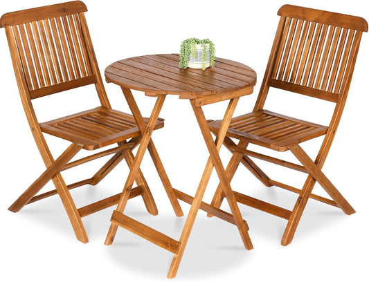 3-Piece Acacia Wood Bistro Set, Folding Patio Furniture for Backyard, Balcony, Deck W/ 2 Chairs, round Coffee Table, Teak Finish - Natural