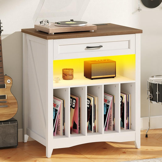 Large Record Player Stand with Charging Station, Vinyl Record Storage Cabinet with Drawer and LED, Turntable Display Table for Living Room, Books, Rustic White and Walnut
