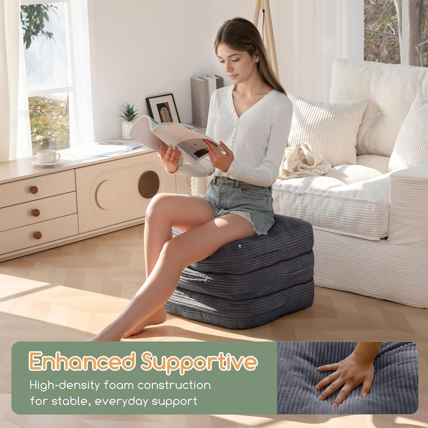 Pouf Ottoman Stuffed Square Modern Foam Filled Foot Rest Poufs 20 X 18 Inches Modular Ottomans Separated into Floor Cushions for Living Room Chair Decorative Stool, Dark Grey