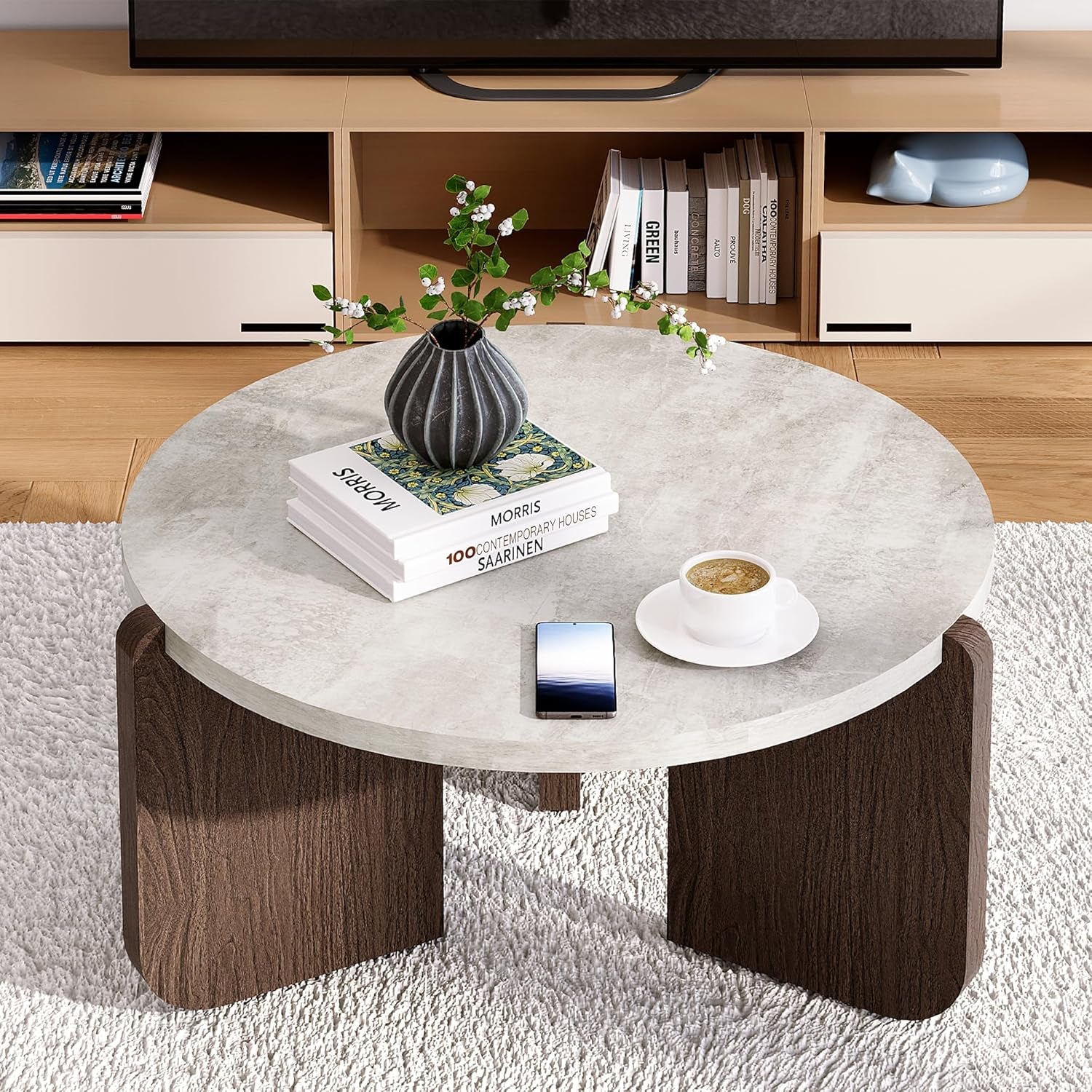 Modern round Coffee Table with Sturdy Base, Wood Center Tables for Living Room Reception Room, Faux Marble Tabletop, Easy Assemble