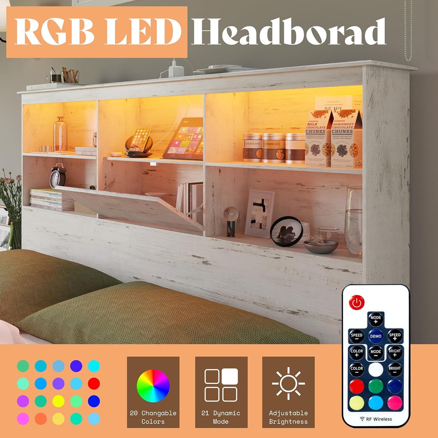 Farmhouse King Size Bed Frame Wooden Platform Bed with 51.2" Storage LED Bookcase Headboard, 4 Storage Drawers & Charging Station/No Box Spring Needed/Noise Free/Distressed White