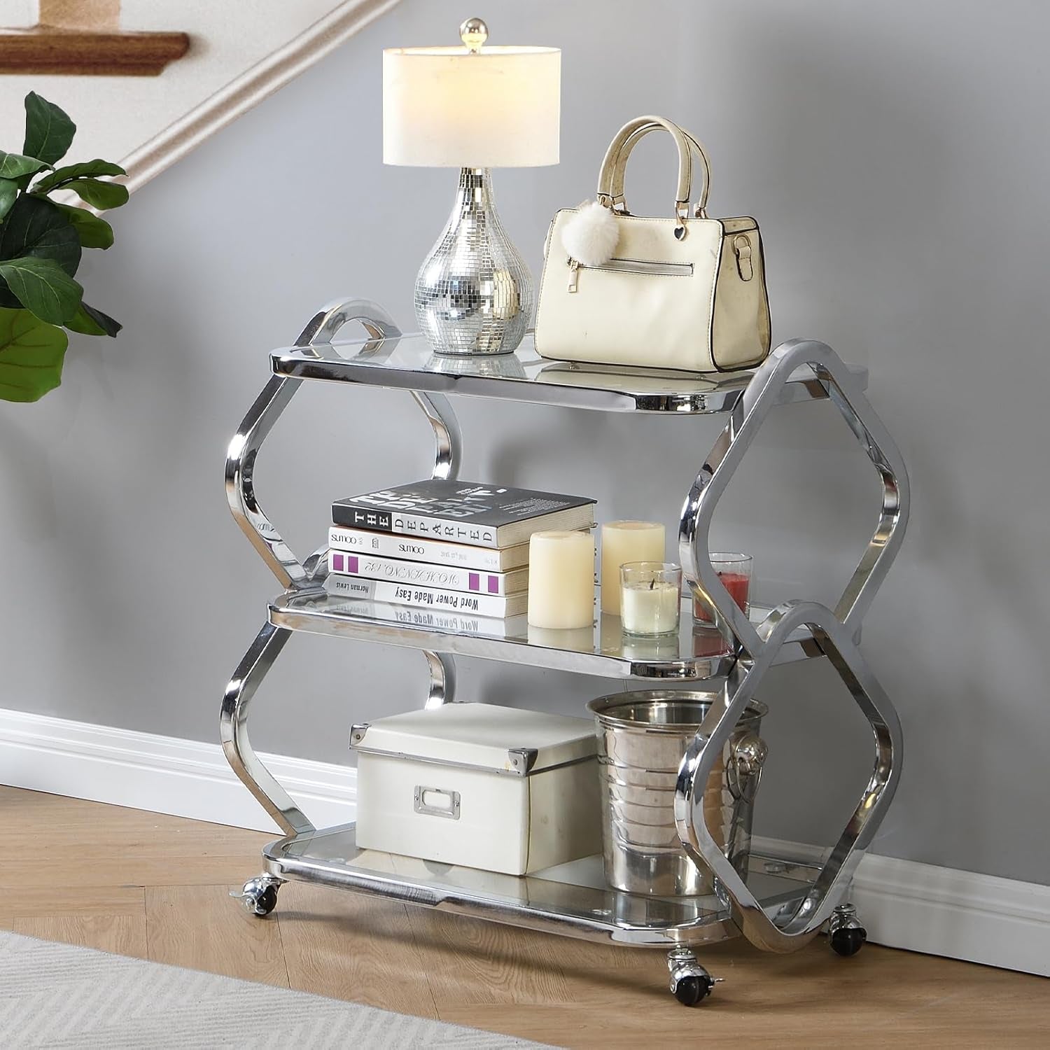 Silver Bar Cart with Wheels Glass Bar Cart for Home Metal Console Table Serving Cart with Storage for Club Spa Cafe Entryway Kitchen Living Room Hallway Sofa
