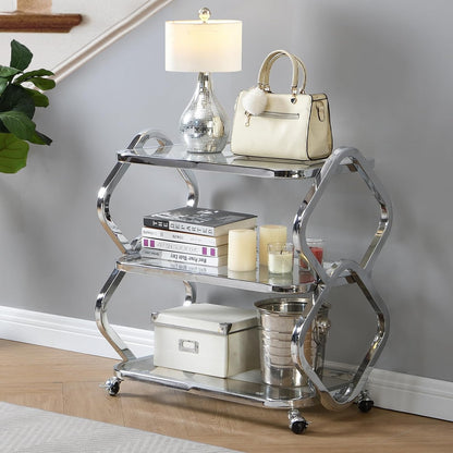 Silver Bar Cart with Wheels Glass Bar Cart for Home Metal Console Table Serving Cart with Storage for Club Spa Cafe Entryway Kitchen Living Room Hallway Sofa