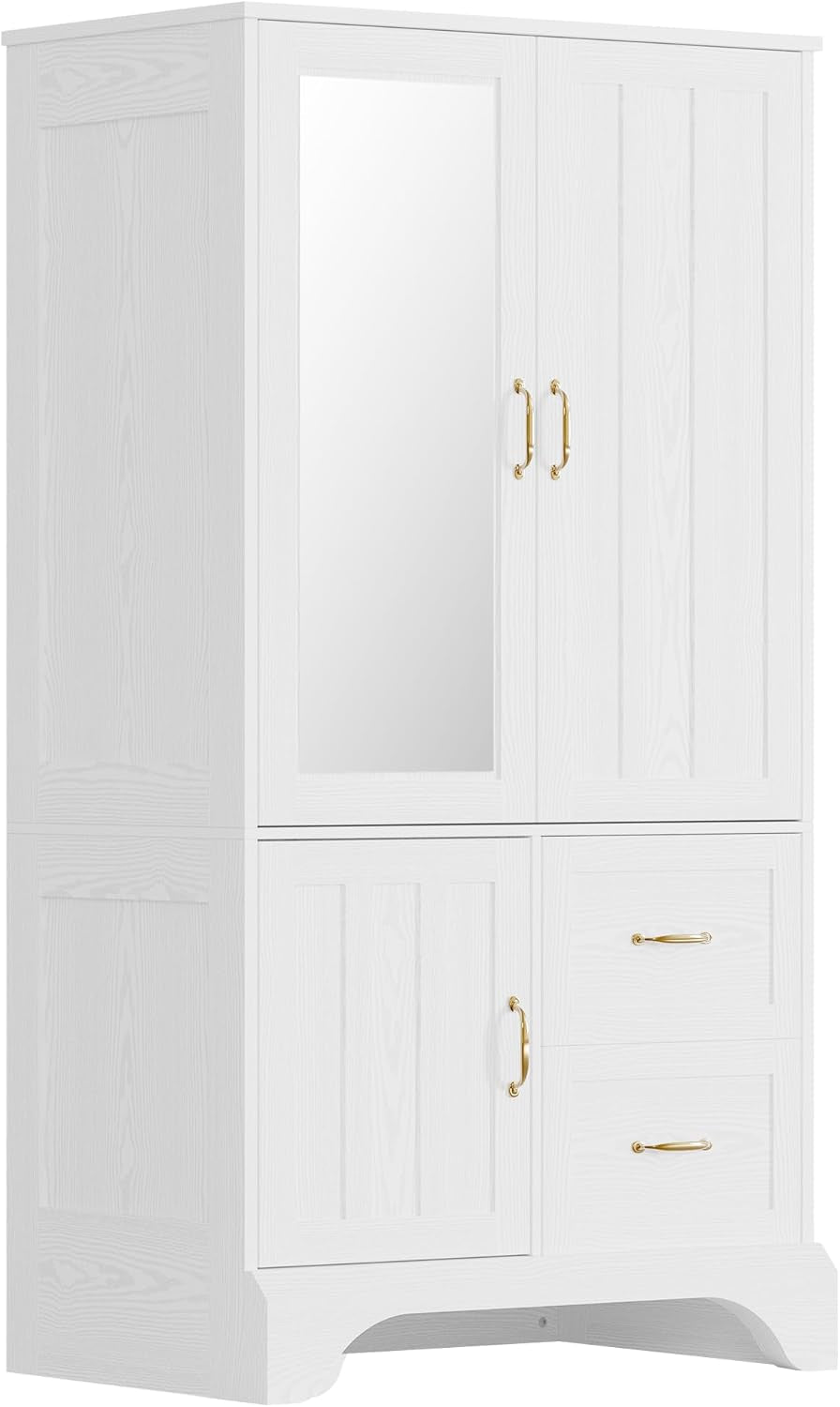 Armoire Wardrobe Closet with Mirror and 3 Doors and 2 Drawers, Bedroom Wooden Armoire Storage Cabinet Combination with Hanging Rod for Bedroom, White