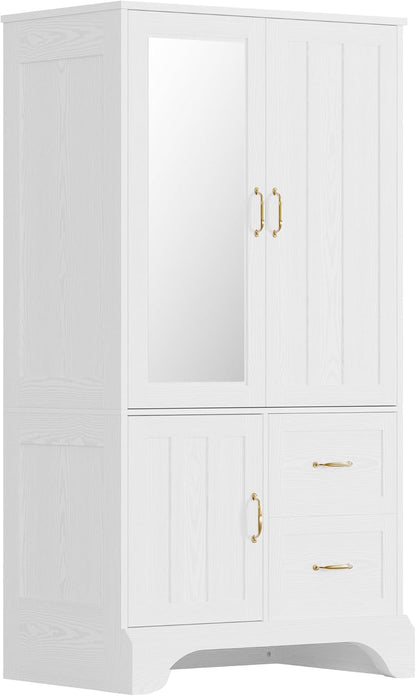 Armoire Wardrobe Closet with Mirror and 3 Doors and 2 Drawers, Bedroom Wooden Armoire Storage Cabinet Combination with Hanging Rod for Bedroom, White