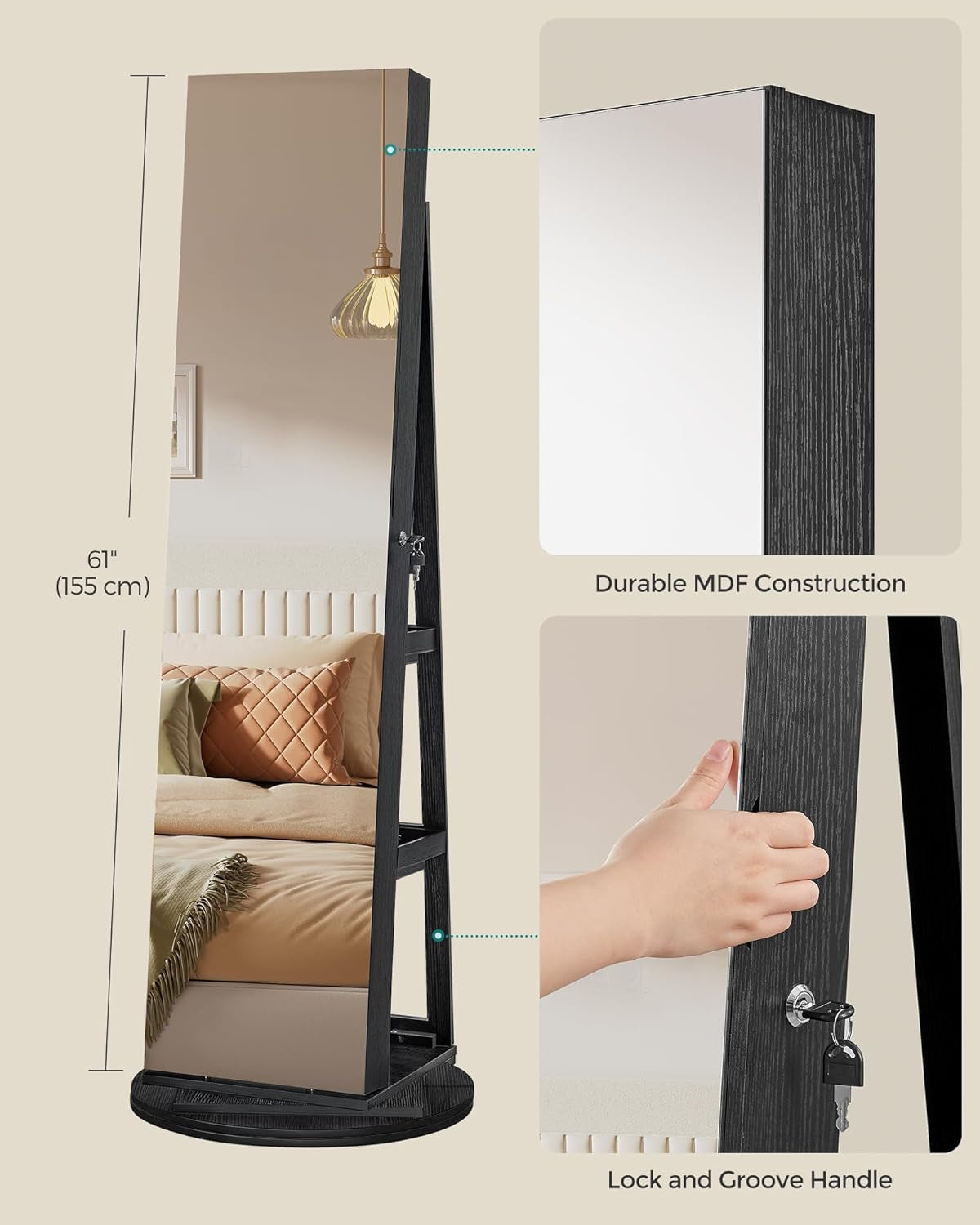 6 Leds Lockable Mirror Jewelry Cabinet, 360° Swivel Jewelry Organizer Armoire Standing, Frameless Full-Length Mirror, 3 Storage Shelves, Black Surface, Black Lining UJJC007B01