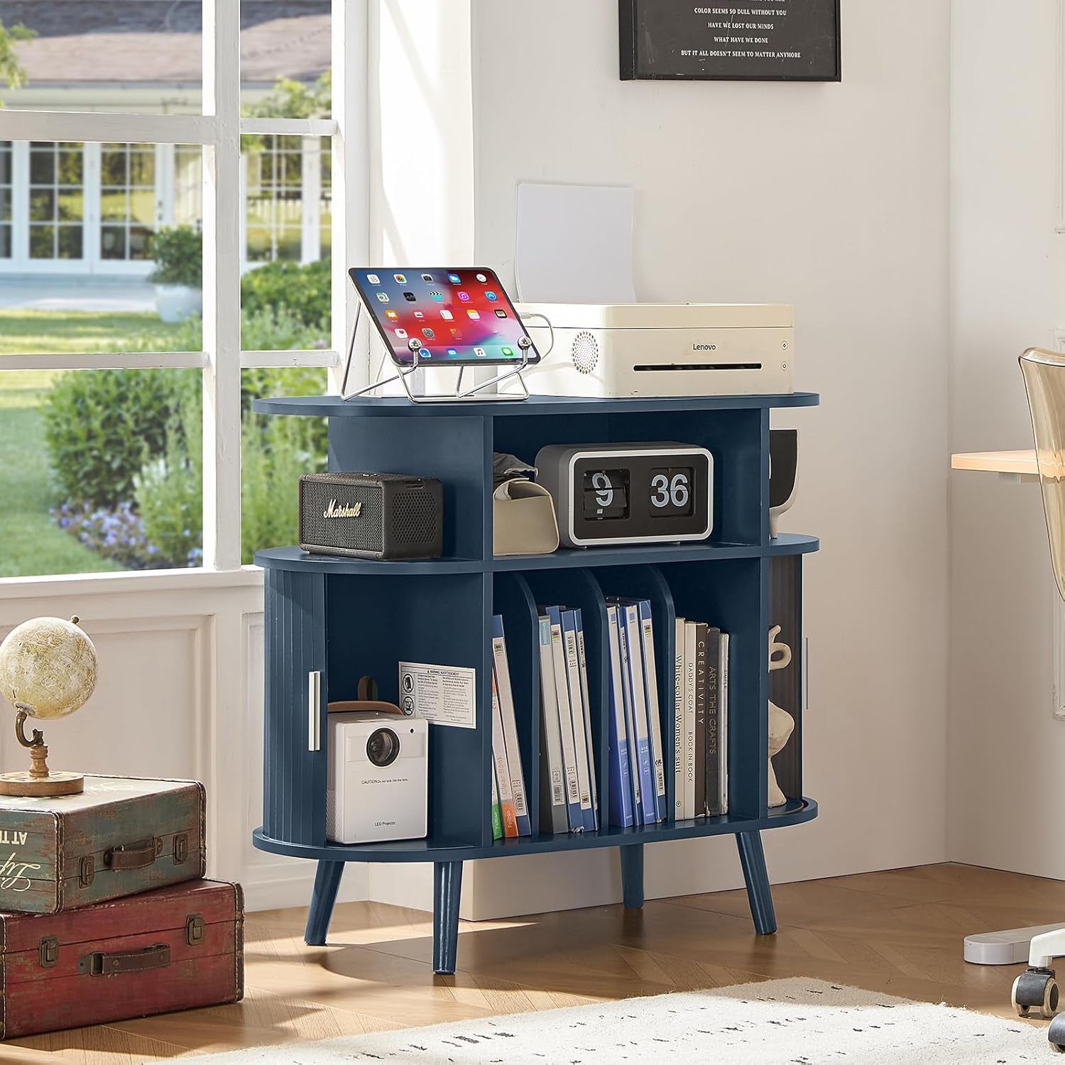 Large round Record Player Stand with Charging Station & Fluted Panel,Navy Blue Mid Century Modern Turntable Cabinet with Vinyl Storage, Arched Wood Record Player Table for Living Room