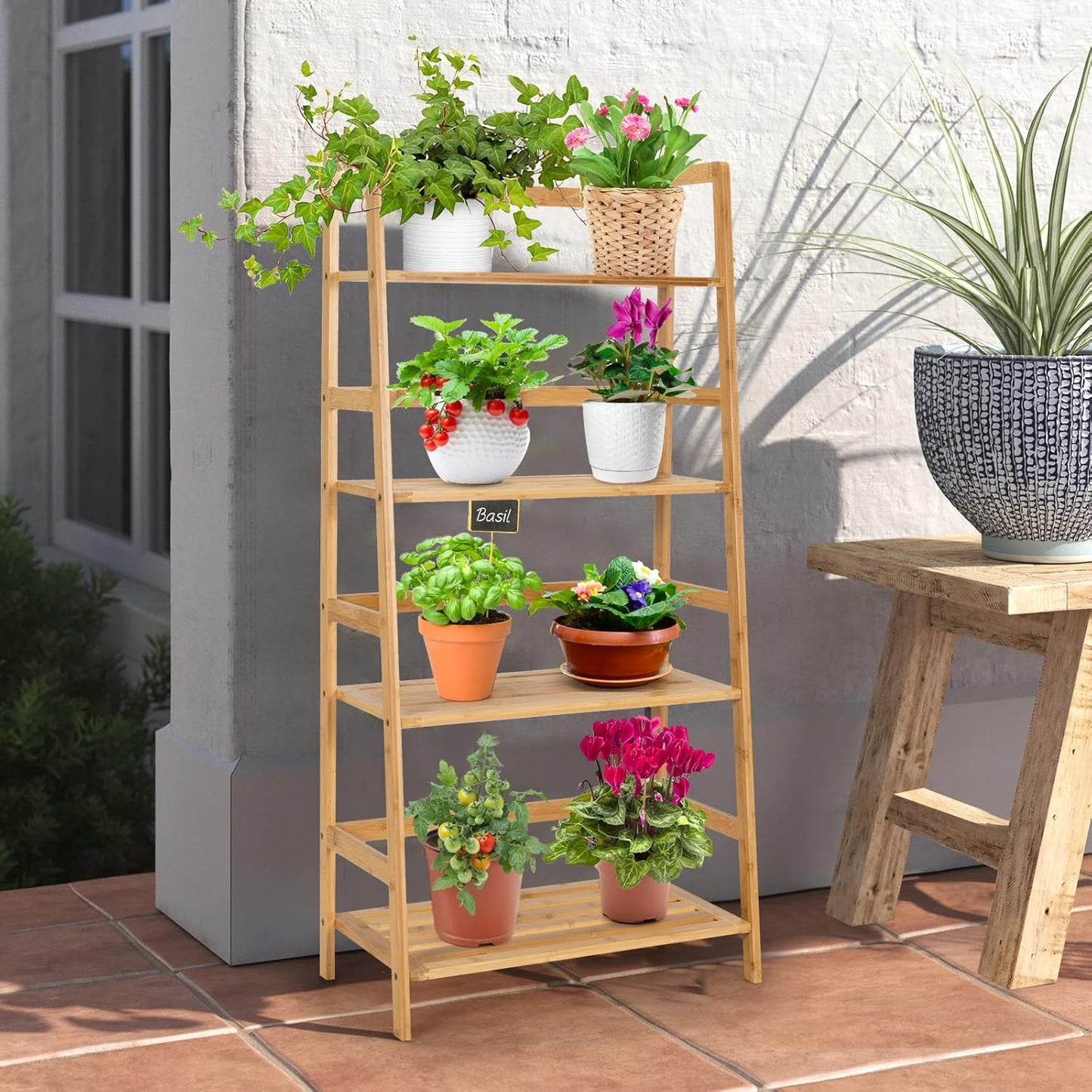 Ladder Shelf, 4 Tier Bamboo Ladder Bookshelf, 48’’ Tall Freestanding Bookcase Storage Rack Plant Stand for Living Room, Balcony, Office, Bedroom, Farmhouse Wooden Ladder Bookshelf, Natural