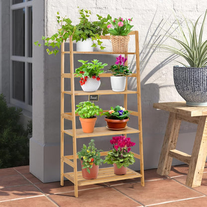 Ladder Shelf, 4 Tier Bamboo Ladder Bookshelf, 48’’ Tall Freestanding Bookcase Storage Rack Plant Stand for Living Room, Balcony, Office, Bedroom, Farmhouse Wooden Ladder Bookshelf, Natural