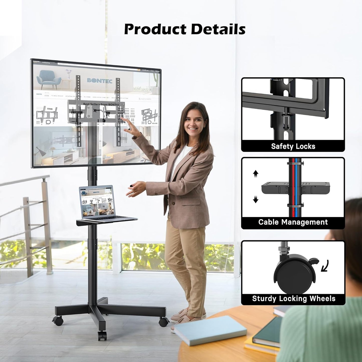 Mobile TV Stand with Tilt Function, Rolling TV Stand for 23-60" LED, LCD, OLED Tvs, Holds up to 88Lbs, Max VESA 400X400Mm, Adjustable Media Shelf (Black, 17.1X15.1X53.1 In)