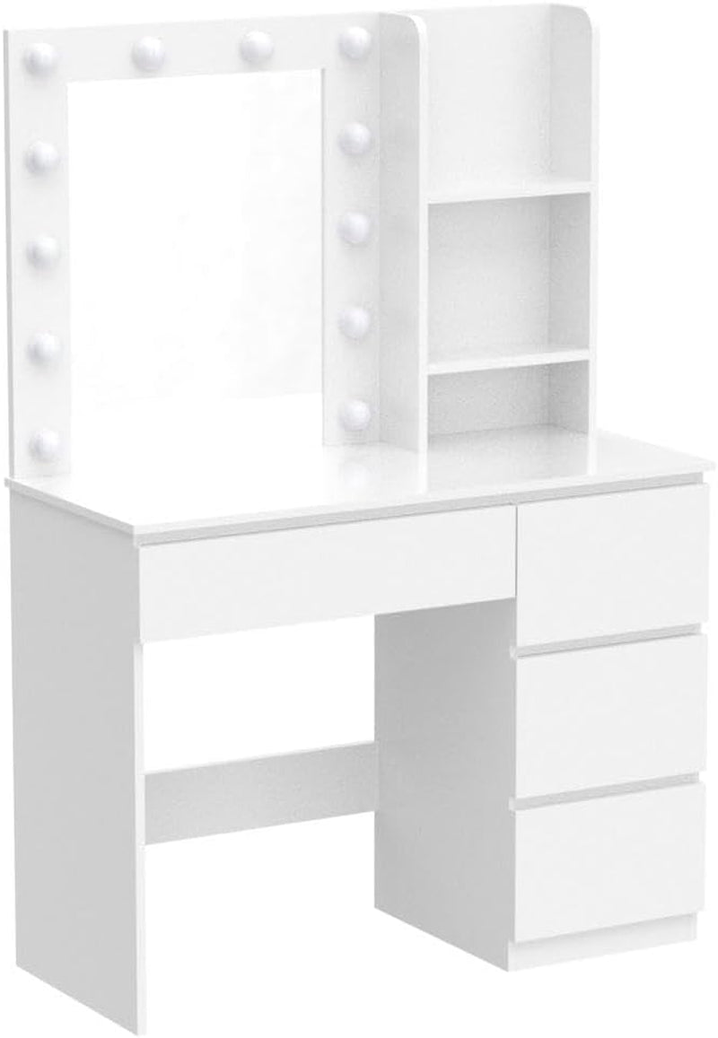 Makeup Vanity with Lights, 37Inch Vanity Desk, 4 Large Drawers Dresser with Lighted Mirror, 3 Lighting Modes Brightness Adjustable, White