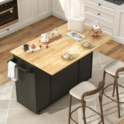 55" W Rolling Kitchen Island with Drop Leaf – Movable Kitchen Carts on Wheels Island with Storage Cabinet, Island Table for Kitchen with Rubber Wood Top and Rack and Drawer, Matte, Black
