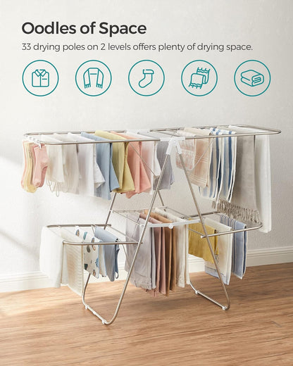 Clothes Drying Rack, Foldable 2-Level Laundry Drying Rack, Free-Standing Laundry Airer, with Height-Adjustable Wings, 33 Drying Rails, Sock Clips, Silver and White ULLR053W01V1