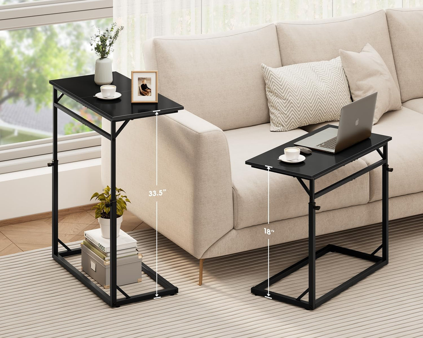 C Shaped End Table, 33"Tall Side Table for Couch, C-Table Sofa Table Adjustable Height Side Table, Large Surface Slide under Couch Table, Coffee Table TV Tray for Living Room, Bedroom, Black