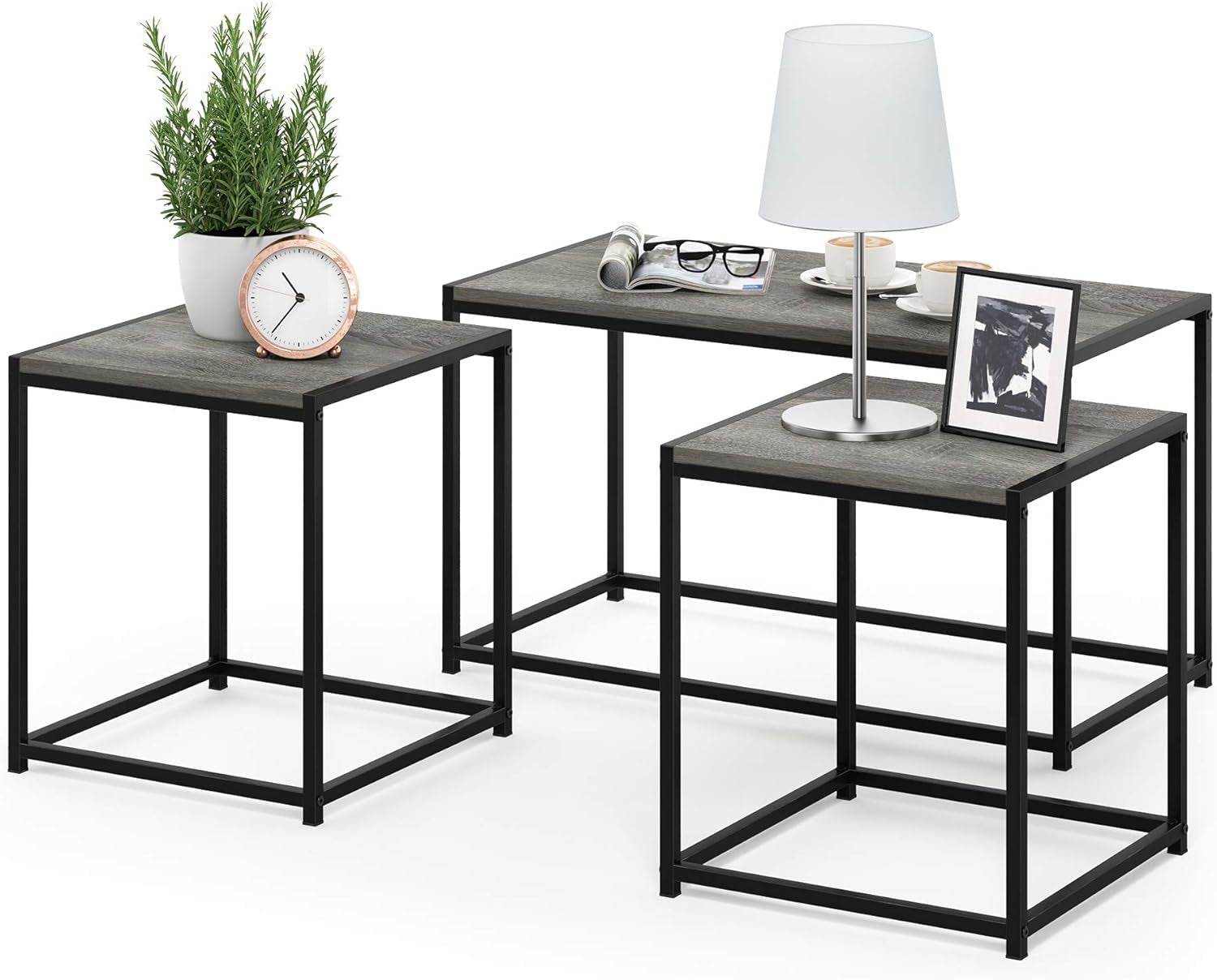 Camus Modern Living Room Coffee Table with 2 End Tables Set, French Oak Grey