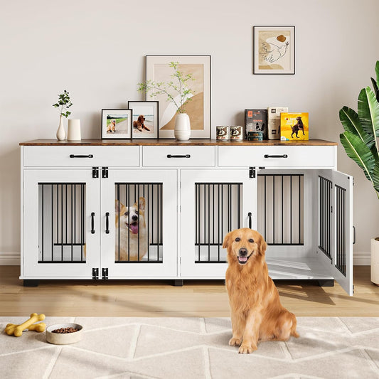71 in Large Dog Crate Furniture for 2 Dogs with 3 Drawers, Heavy Duty Double Indoor Dog Kennel and TV Stand for Medium Large Dogs, Brown & White