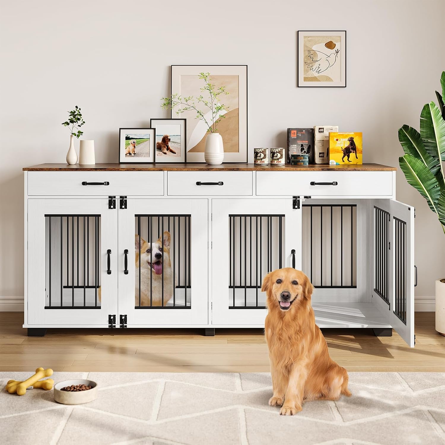 71 in Large Dog Crate Furniture for 2 Dogs with 3 Drawers, Heavy Duty Double Indoor Dog Kennel and TV Stand for Medium Large Dogs, Walnut