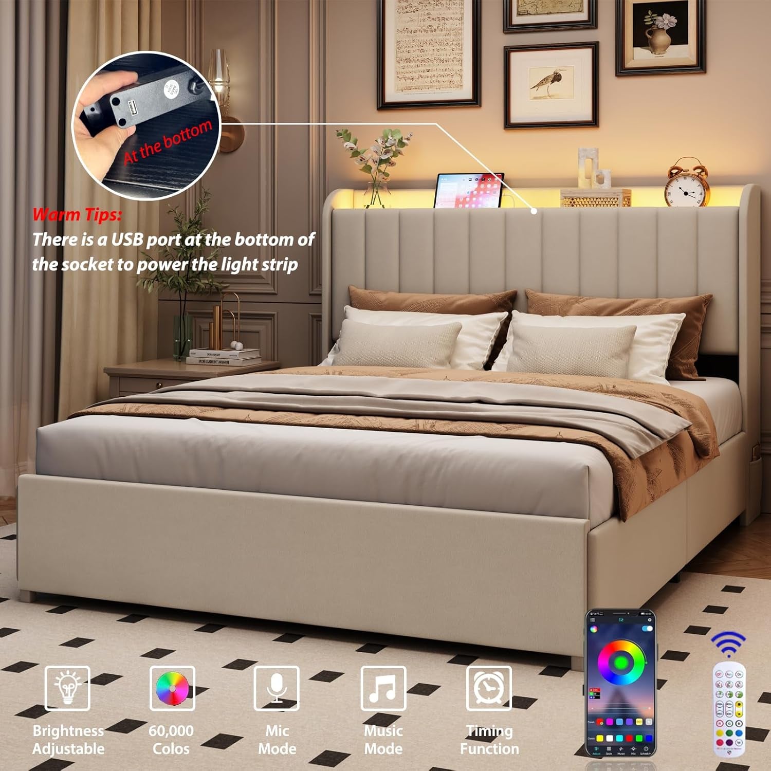 Queen Bed Frame with 4 Drawers and Storage Headboard, Upholstered Platform Bed Frame Queen Size with Led Lights and Handy Charging Station, No Box Spring Needed, Easy Assembly, Noise Free, Beige